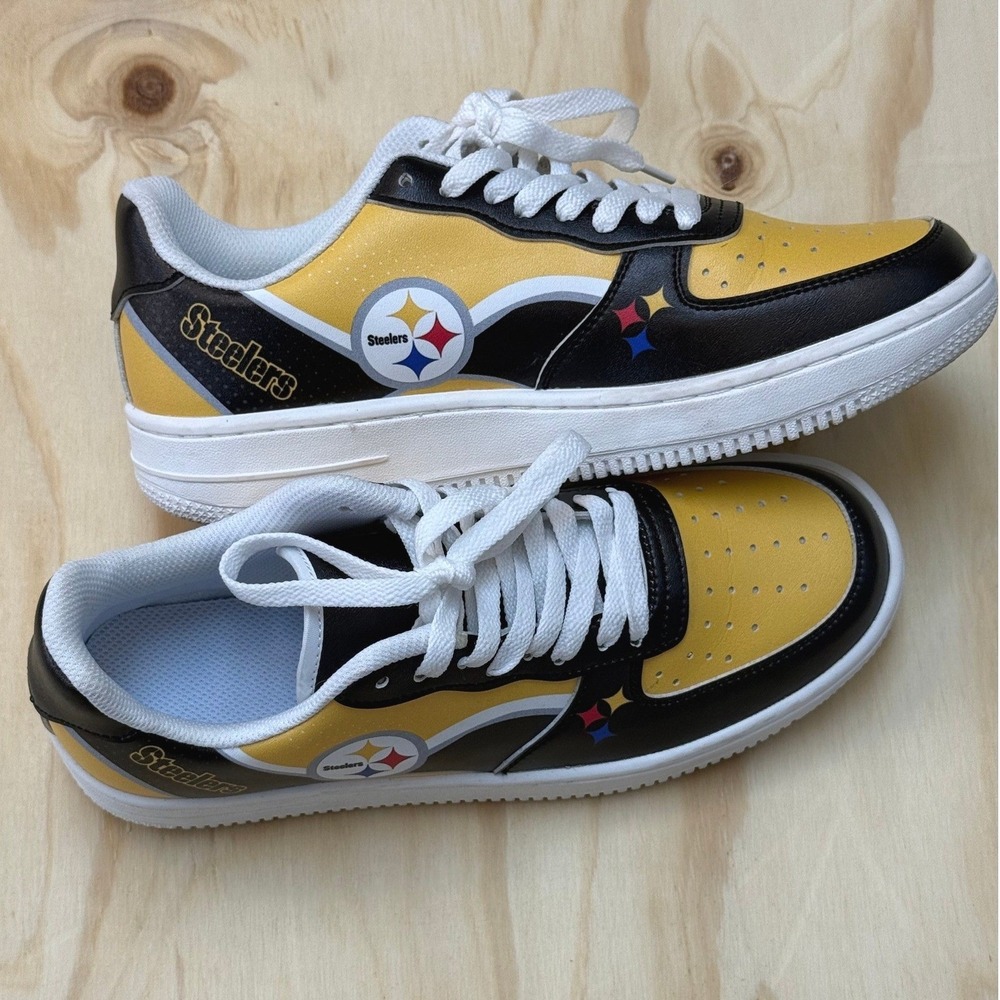 Pittsburgh Steelers Custom NFL Fan Sneakers Black Gold Low Top Shoes Mens Size 7 - Picture 3 of 5